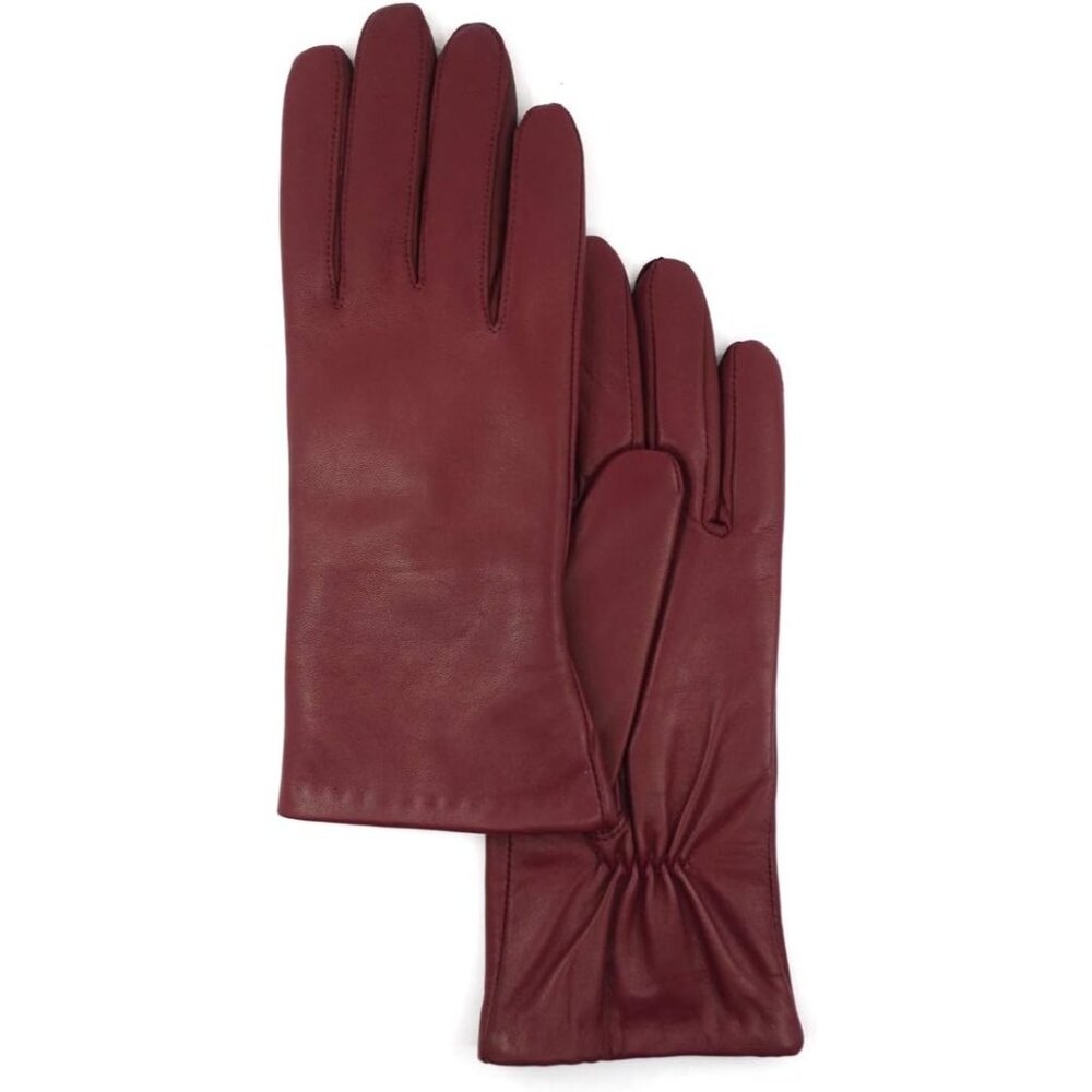 Women's Burgundy Lambskin Leather Gloves Warm Cashmere Lined Wrist Elasticity